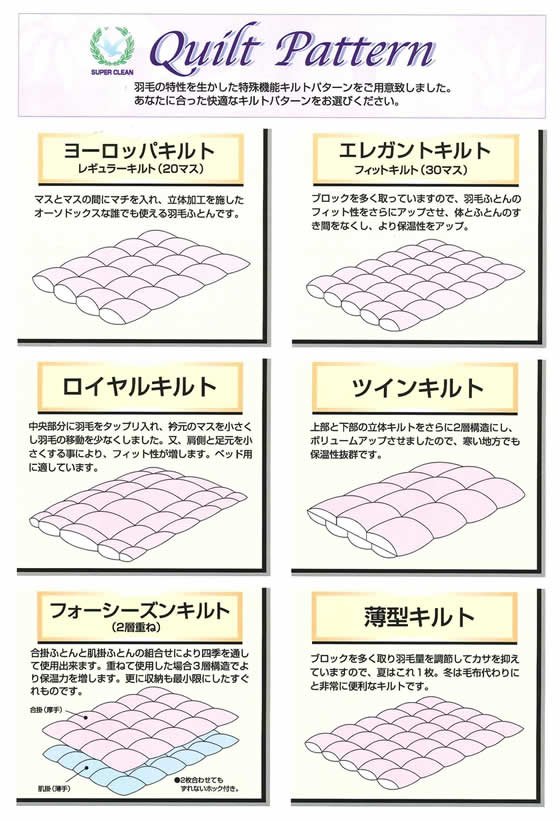 羽毛ふとんの基本的なキルティングの種類